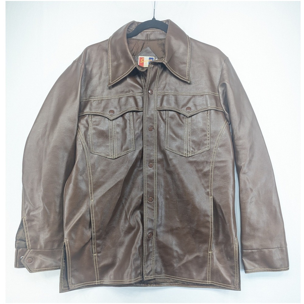 Vintage Sovereign Brown Faux Leather Western Trucker Jacket 70s‎ Mens Medium